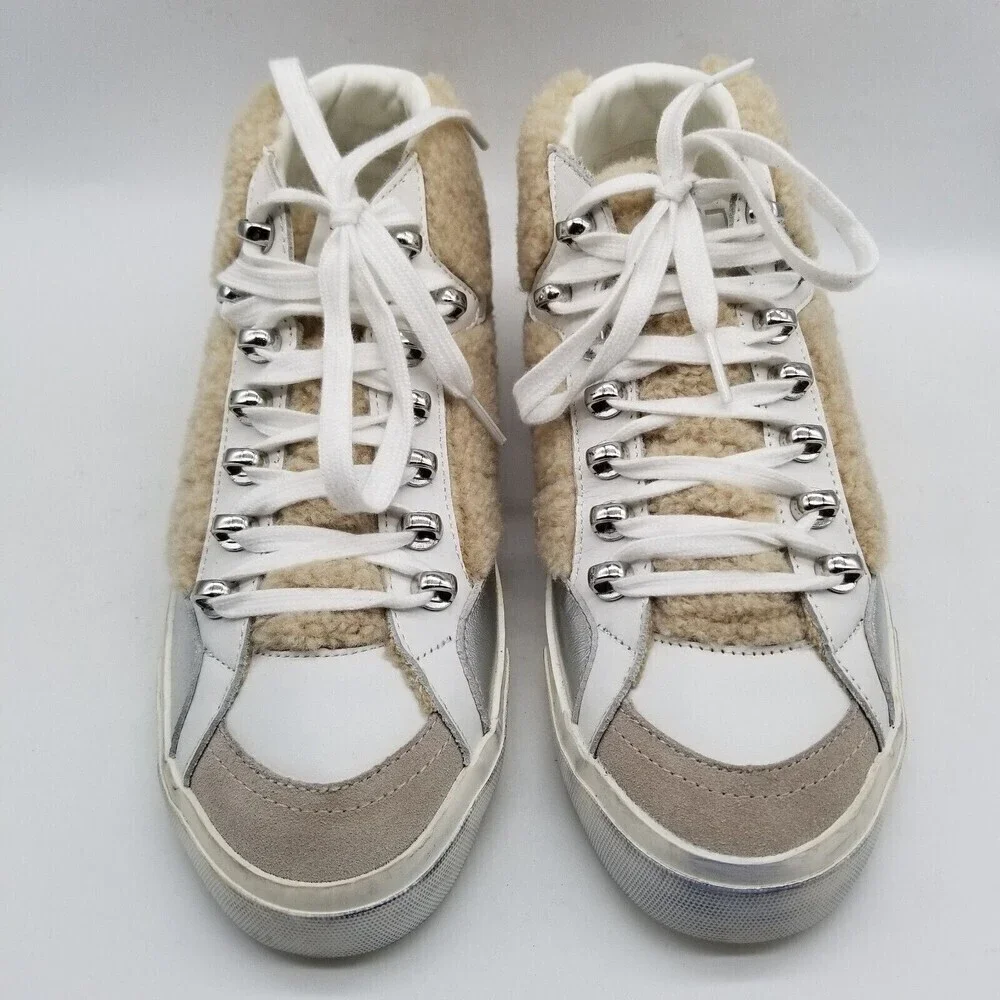 Marc Fisher Women Merin‎ 2 Sneakers Fur Trim White Leather 8